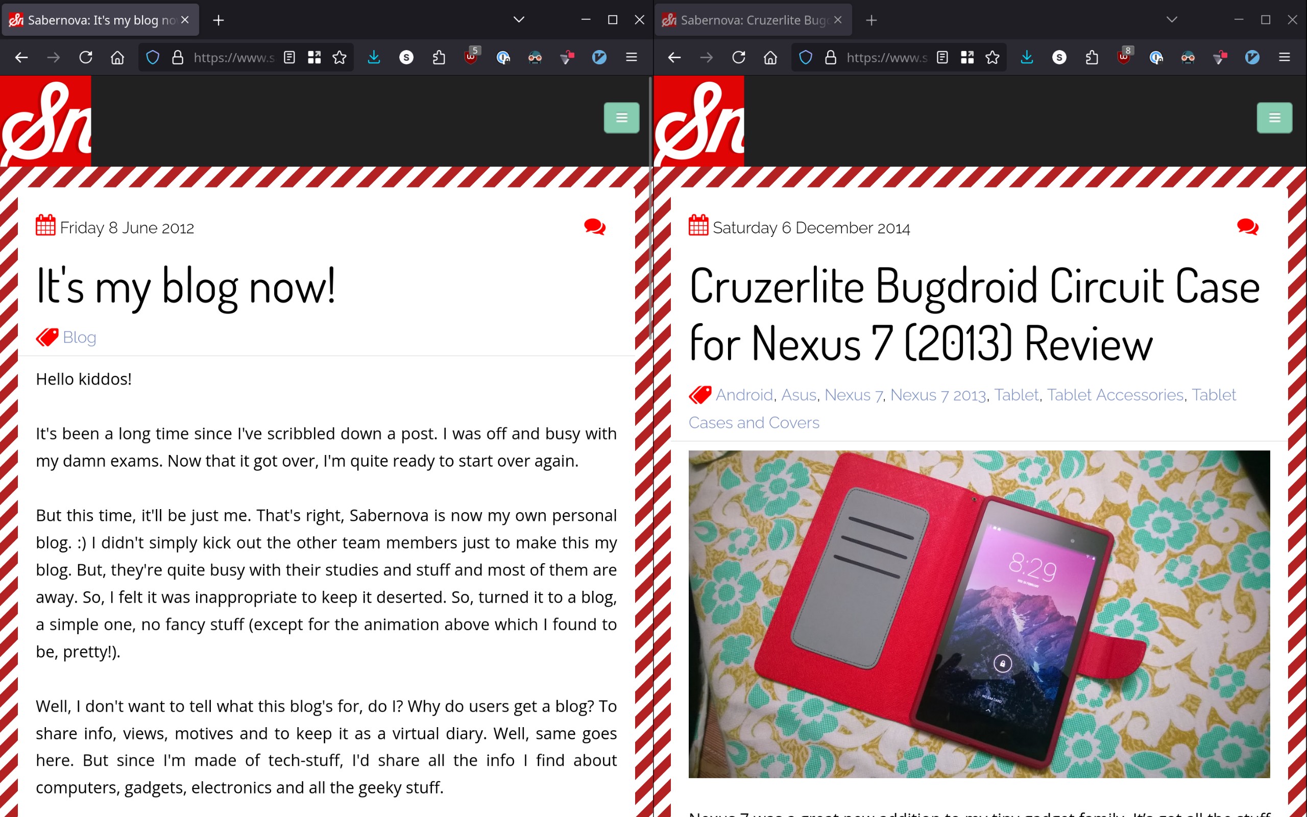 Screenshots of my first post (titled &ldquo;It&rsquo;s my blog now!&rdquo;) and my last one (a review for a case for the Nexus 7 tablet)