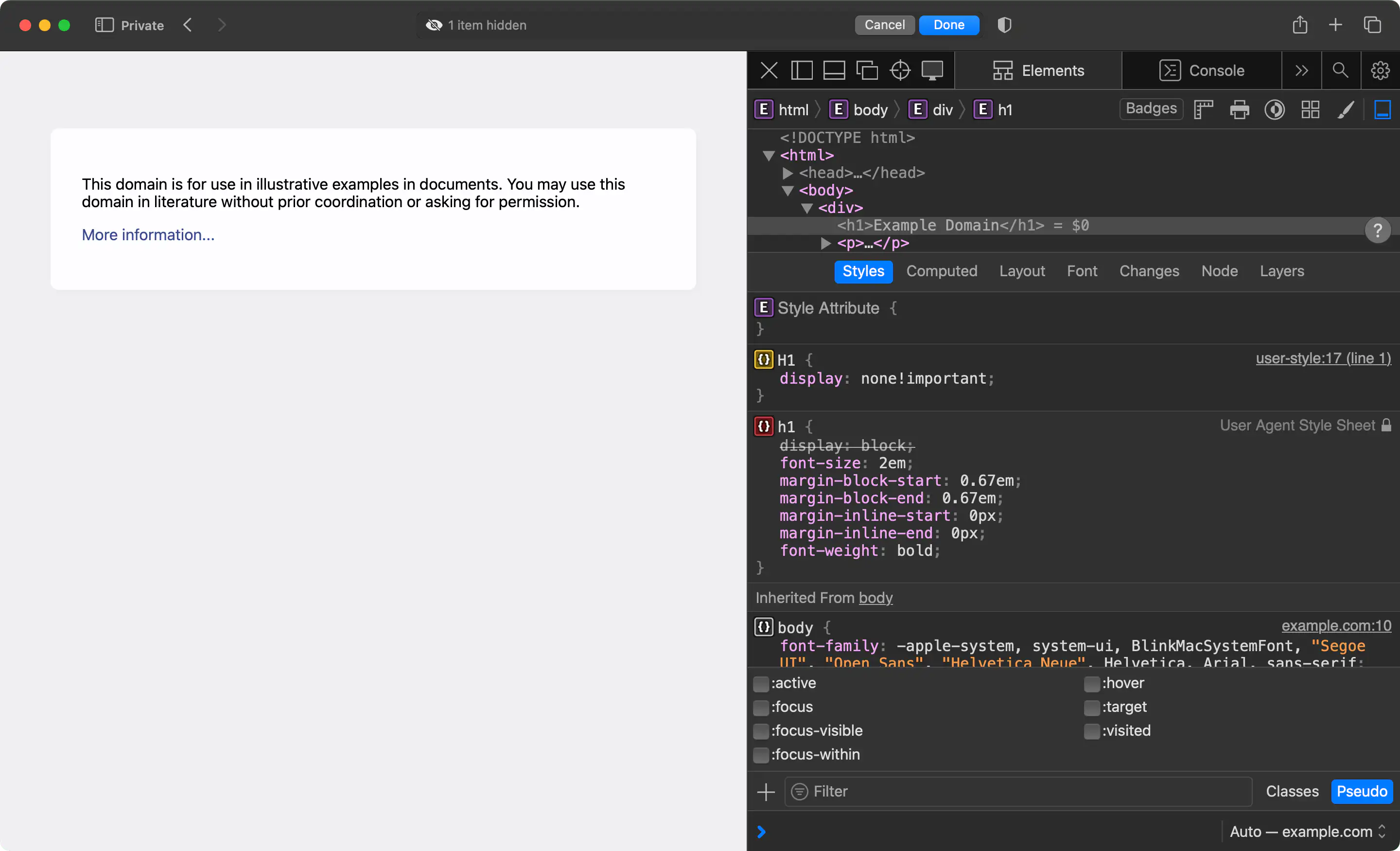 Screenshot of Safari with Web Inspector open with the h1 element selected