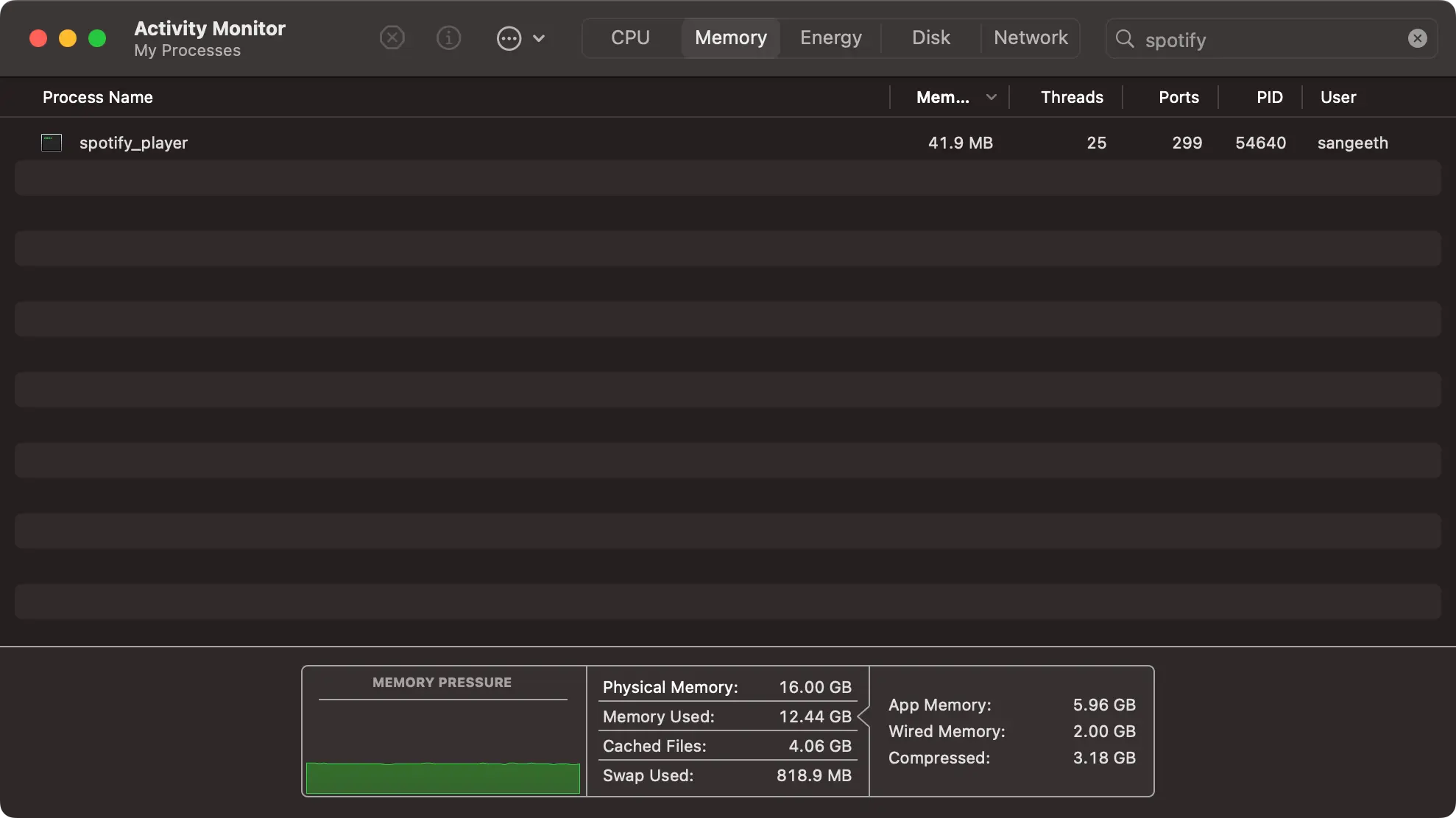 macOS Activity Monitor window showing system resource usage, filtered to display “spotify”. The spotify_player process is using 41.9 MB of memory. The bottom of the window shows a memory pressure graph and detailed memory statistics.