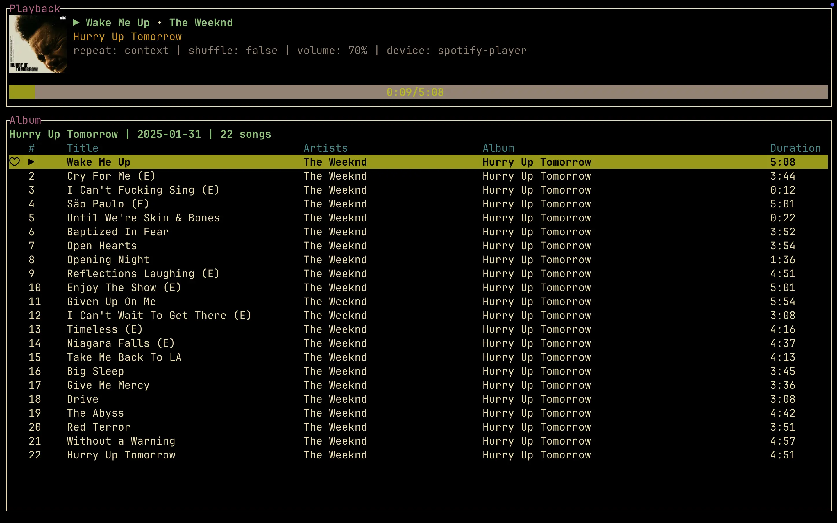 spotify_player TUI showing The Weeknd’s album “Hurry Up Tomorrow” with 22 tracks. The current song playing is “Wake Me Up” at 70% volume on Spotify. The interface displays a track list with song titles, durations, and a progress bar. The album artwork appears as a small thumbnail in the top left corner.