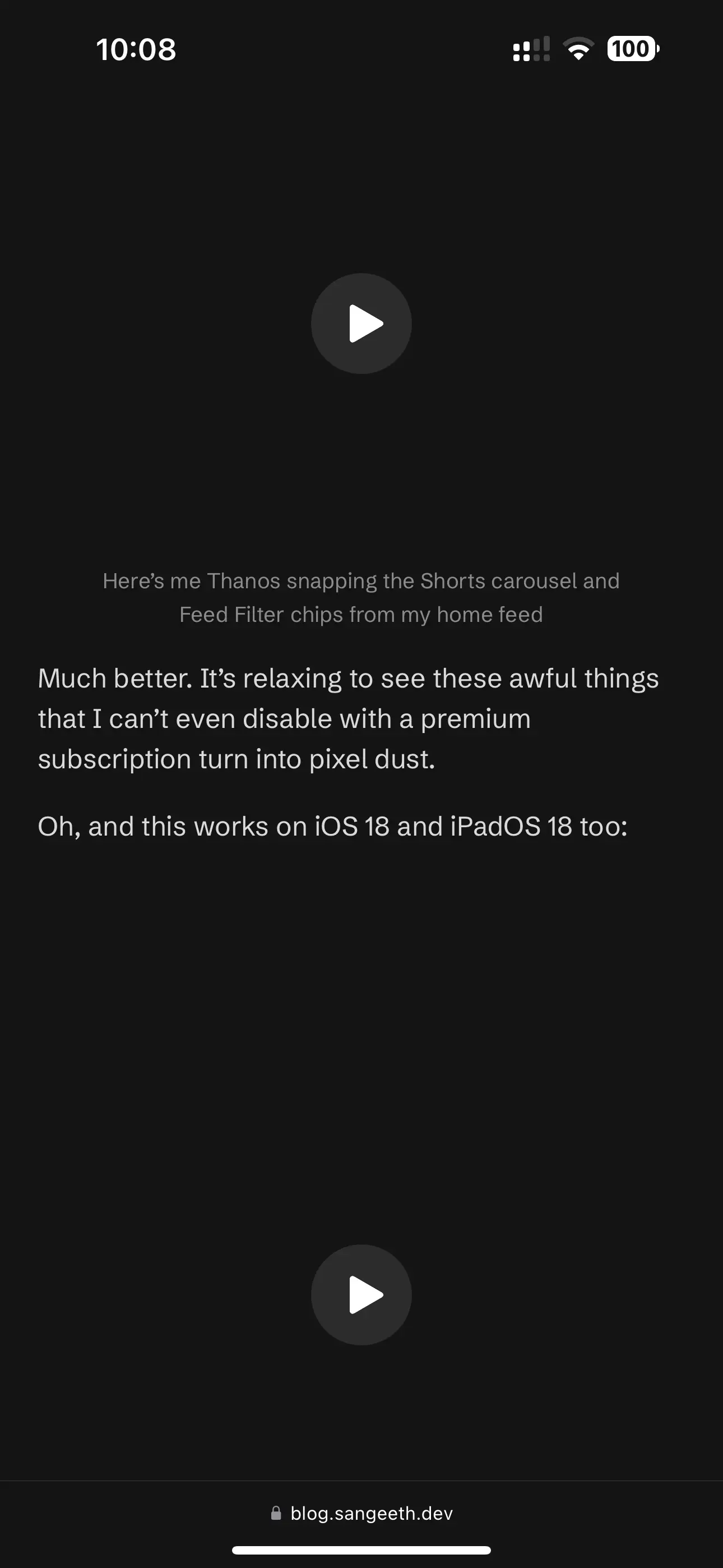 iOS screenshot of my blog article where video elements appear with a blank background and a play button in the middle